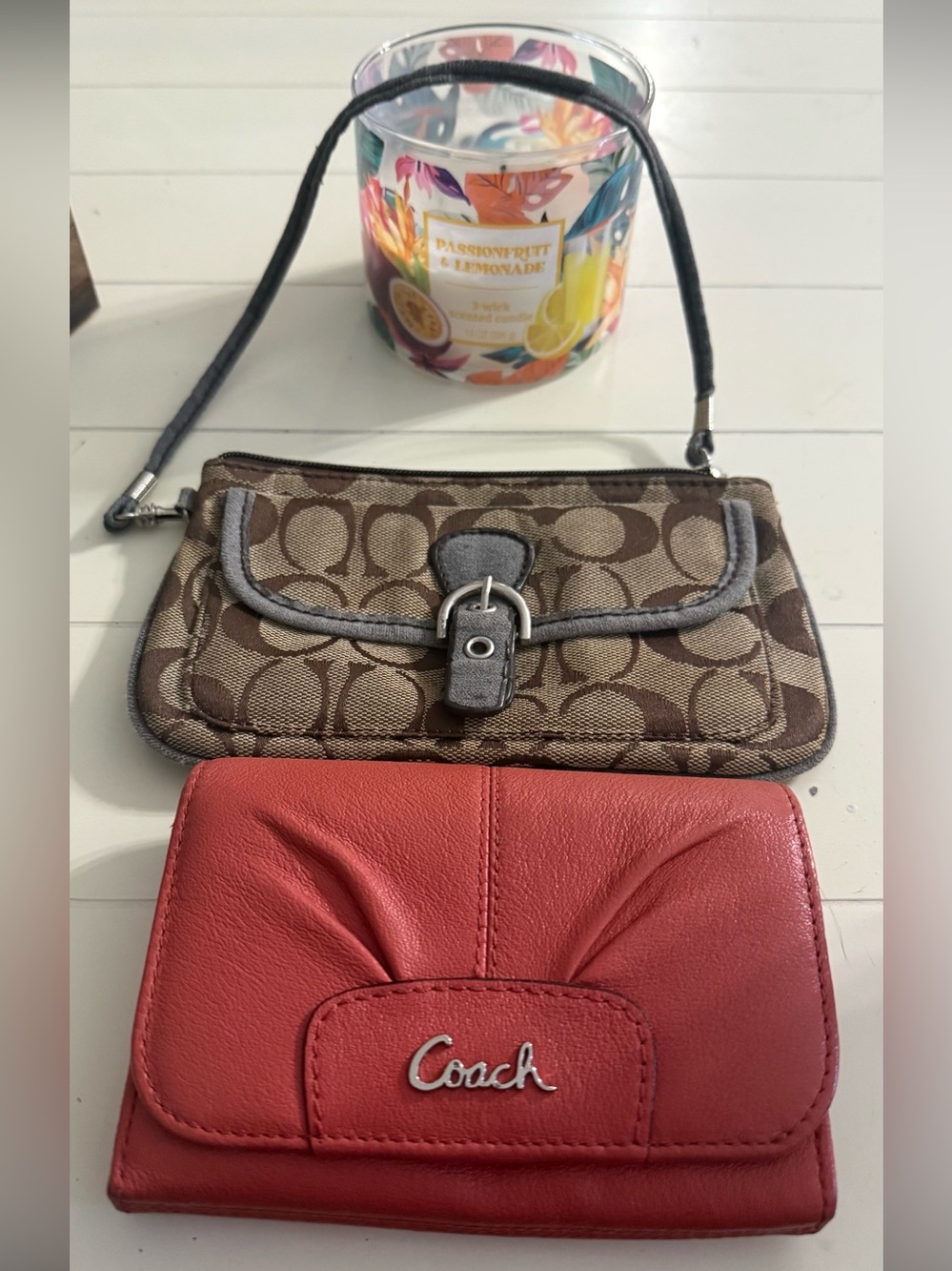 Coach Orange Leather Wallet with Brown Signature Canvas Wristlet REHAB Bags